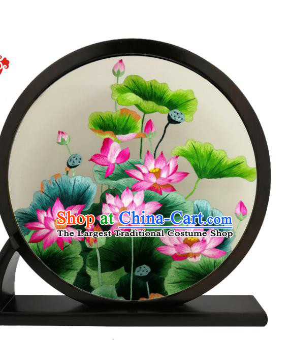 China Traditional Round Blackwood Table Screen Furniture Handmade Suzhou Embroidery Lotus Desk Screen