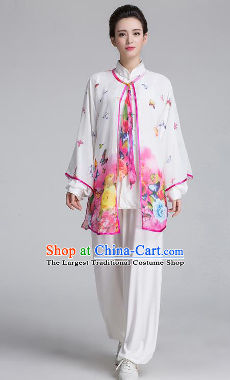 China Martial Arts Costume Traditional Kung Fu Printing Peony Pink Cape