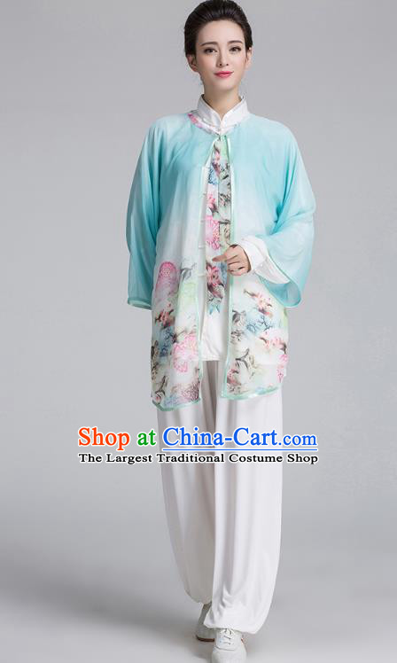 China Tai Chi Performance Costume Traditional Kung Fu Printing Flowers Light Blue Cape