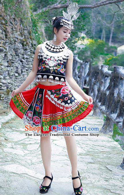 Chinese Hmong Ethnic Female Folk Dance Outfits Miao Nationality Stage Performance Clothing and Hair Accessories