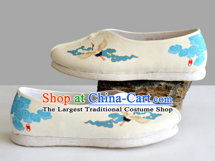 China Handmade Painting Crane Beige Cloth Shoes Tai Chi Shoes for Men