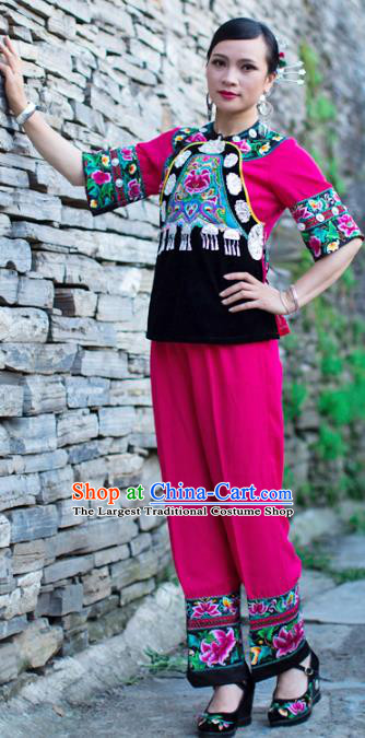 Chinese Miao Nationality Clothing Xiangxi Hmong Ethnic Woman Informal Rosy Outfits and Hair Accessories