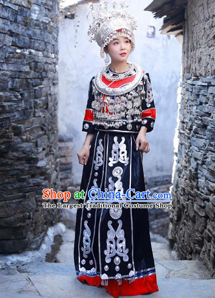 Chinese Miao Nationality Stage Show Clothing Hmong Ethnic Female Folk Dance Black Outfits and Silver Hair Jewelry