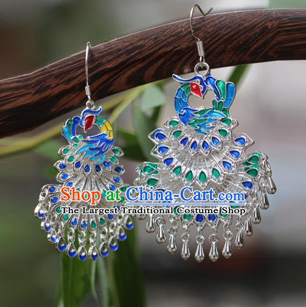 China Traditional Miao Nationality Bride Silver Earrings Hmong Stage Show Cloisonne Peacock Ear Accessories