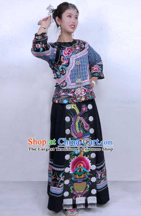 Chinese Miao Nationality Dress Minority Stage Show Clothing Hmong Ethnic Woman Folk Dance Costume and Hair Accessories