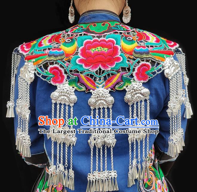 China Traditional Miao Nationality Folk Dance Embroidered Tippet Sichuan Ethnic Minority Silver Tassel Shoulder