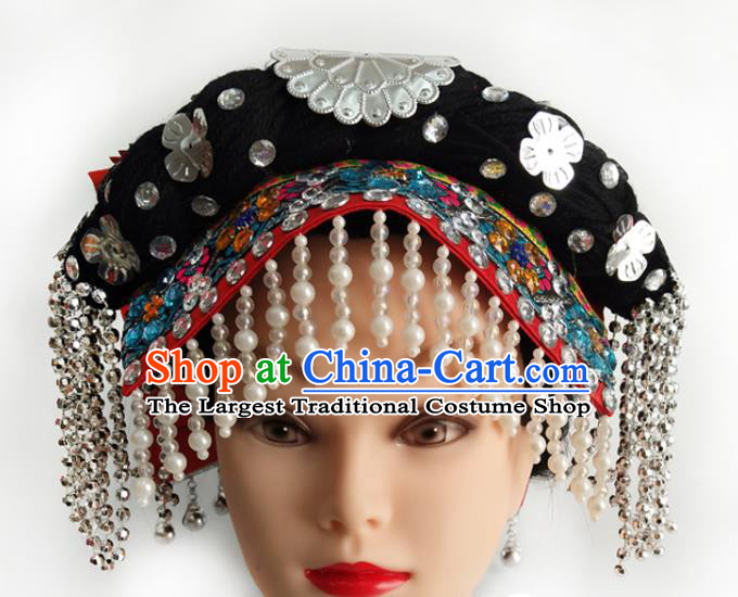 China Yi Ethnic Folk Dance Headwear Traditional Nationality Minority Beads Tassel Hat