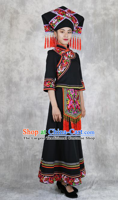 Chinese Nationality Woman Black Dress Outfits Ethnic Folk Dance Costume Zhuang Minority Informal Clothing and Hat