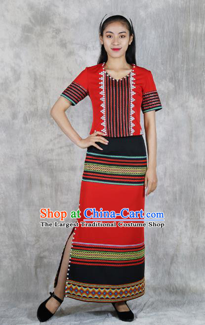 Chinese Wa Minority Informal Clothing Yunnan Nationality Woman Red Dress Outfits Ethnic Folk Dance Costume