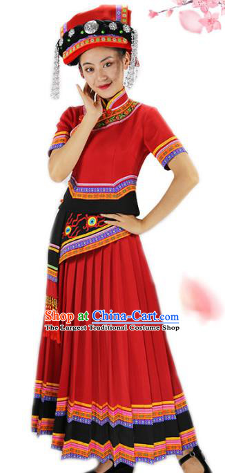 Chinese Yi Minority Red Outfits Clothing Ethnic Folk Dance Costume Nationality Woman Wedding Dress