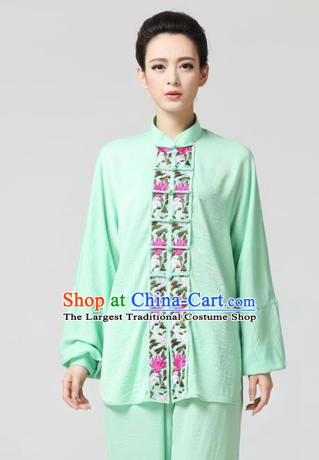 China Female Tai Chi Kung Fu Training Uniforms Traditional Martial Arts Light Green Clothing