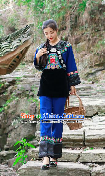 Chinese Xiangxi Hmong Ethnic Folk Dance Blue Outfits Miao Nationality Informal Clothing