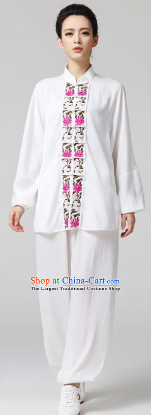 China Traditional Martial Arts White Flax Clothing Female Tai Chi Competition Embroidered Uniforms