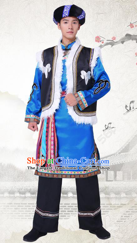 China Qiang Nationality Folk Dance Costumes Suchuan Province Ethnic Minority Male Blue Outfits and Hat