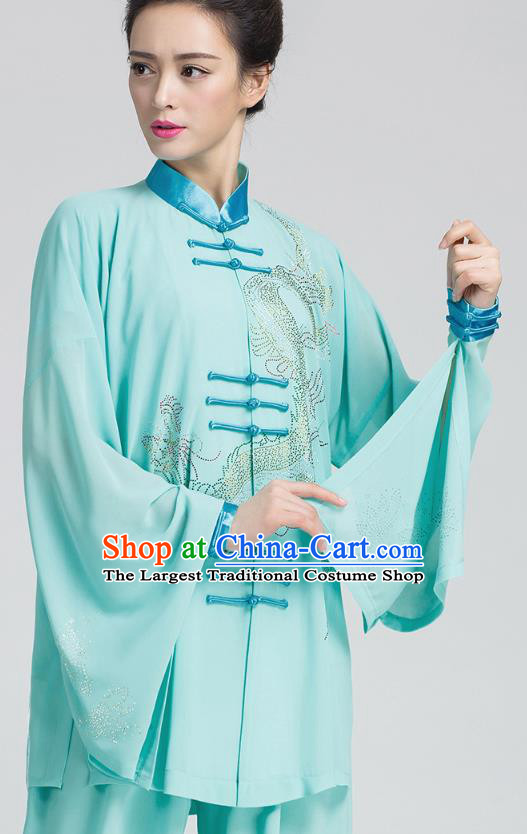 China Martial Arts Light Green Three Pieces Uniforms Kung Fu Costumes Tai Chi Performance Clothing