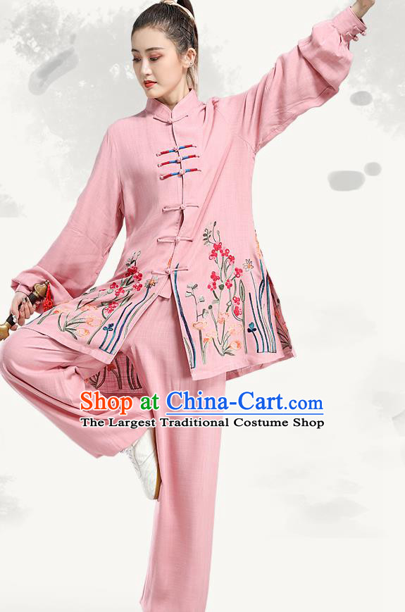 China Martial Arts Competition Pink Uniforms Tai Chi Performance Clothing Kung Fu Embroidered Costumes