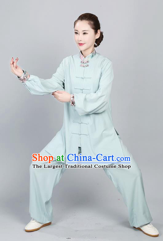 China Tai Chi Training Clothing Kung Fu Performance Costumes Martial Arts Light Green Flax Uniforms