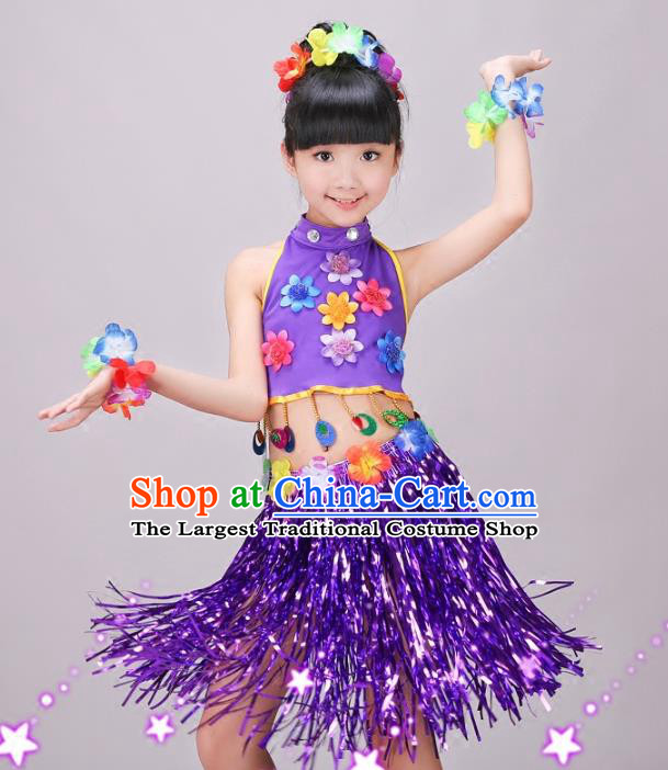 Top Hawaiian Dance Dress Stage Performance Clothing Children Day Dance Purple Outfits