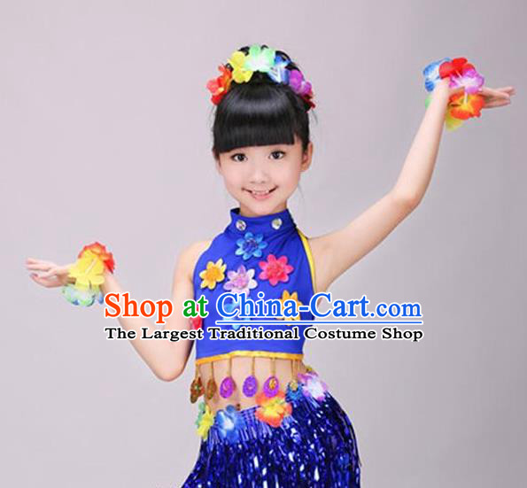 Top Hawaiian Dance Dress Modern Dance Stage Performance Clothing Children Day Dance Royalblue Outfits