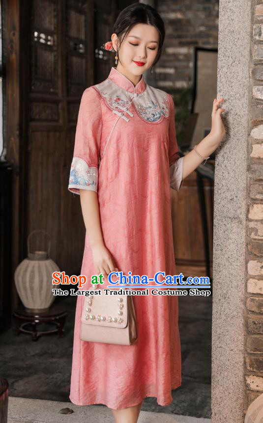 Chinese National Women Clothing Qipao Dress Traditional Embroidered Pink Cheongsam