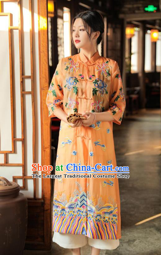 China Traditional Tang Suit Outer Garment Woman Embroidered Orange Dust Coat