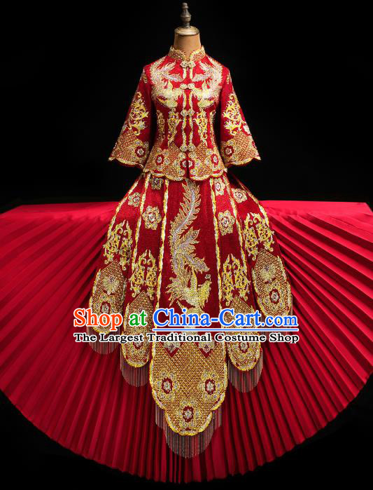 Chinese Traditional Red Xiuhe Suit  Wedding Diamante Golden Phoenix Outfits Clothing Bride Toast Embroidered Costumes