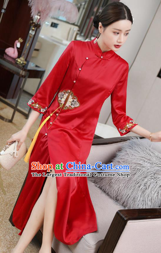 Chinese Classical Embroidered Red Silk Qipao Dress Traditional Cheongsam National Women Zen Clothing