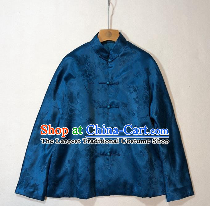 China Woman Classical Deep Blue Silk Jacket Traditional Tang Suit Outer Garment