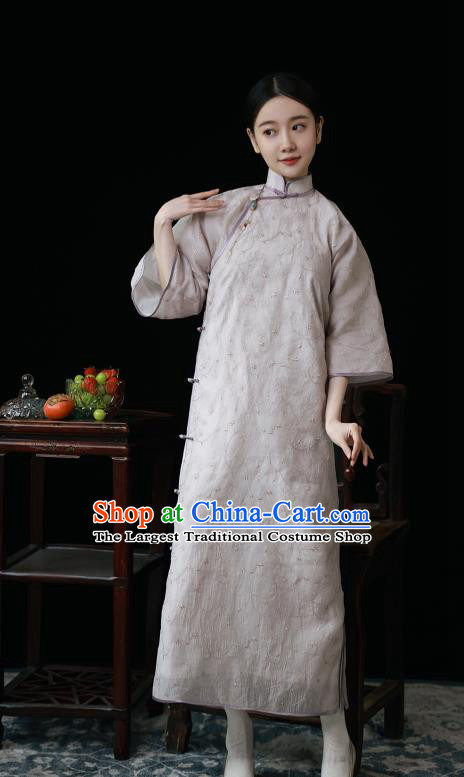 Chinese Traditional Women Embroidered Clothing Classical Lilac Qipao Dress National Wide Sleeve Cheongsam