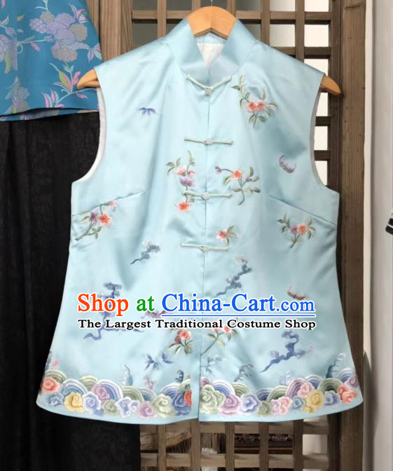 Chinese National Embroidered Blue Silk Vest Upper Outer Garment Tang Suit Waistcoat