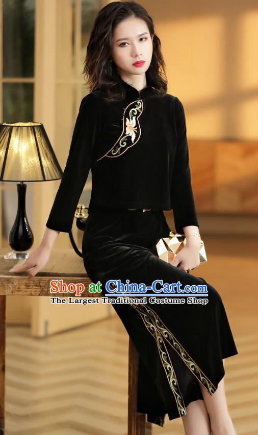 Chinese Traditional Women Tang Suit Clothing National Classical Embroidered Black Velvet Blouse and Skirt