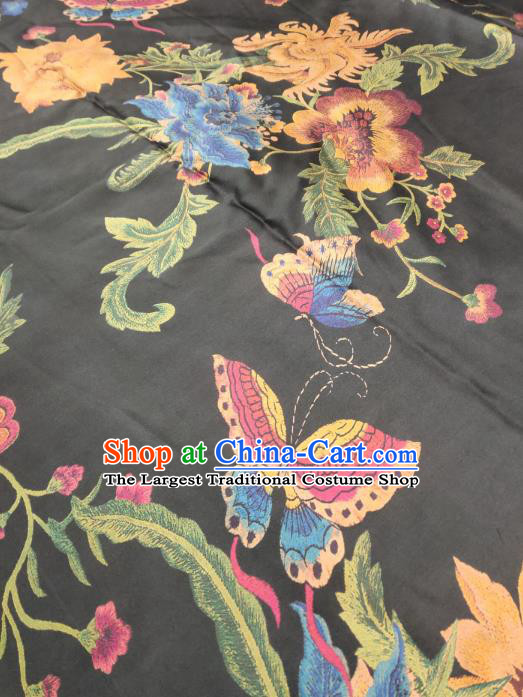 China Traditional Gambiered Guangdong Gauze Classical Flowers Butterfly Pattern Black Silk Fabric