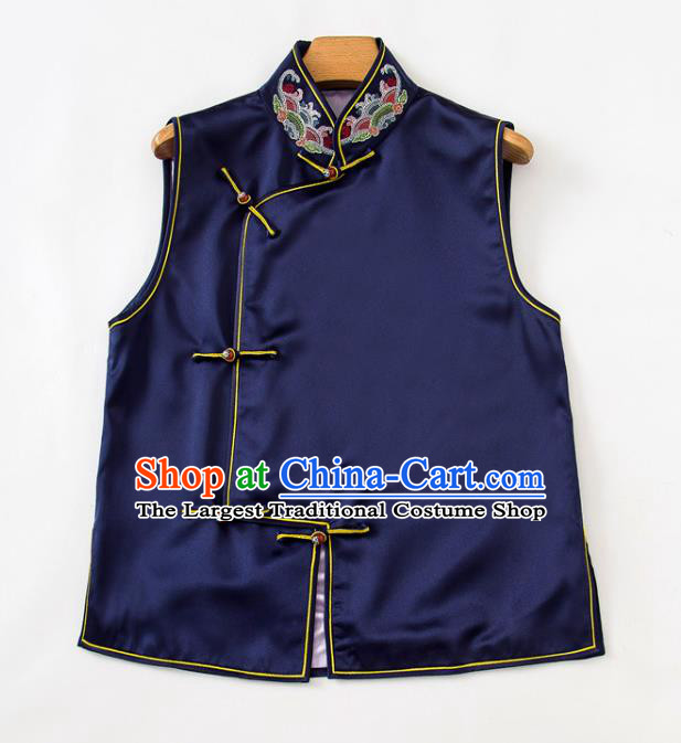 Chinese Tang Suit Navy Silk Waistcoat Classical Embroidered Vest National Women Clothing