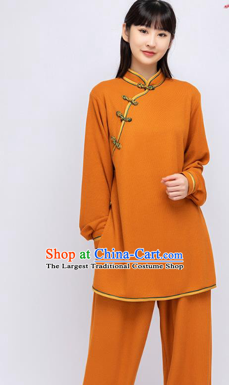 China Woman Tai Chi Orange Uniforms Traditional Kung Fu Performance Costumes Martial Arts Shirt and Pants