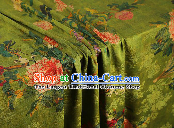 Asian China Classical Peony Pattern Green Silk Fabric Traditional Cheongsam Gambiered Guangdong Gauze Cloth