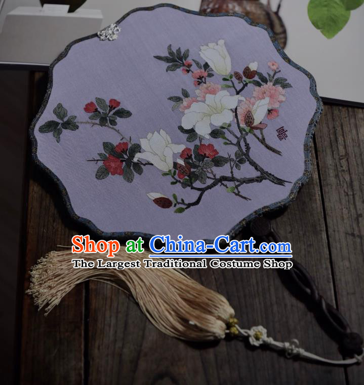 China Handmade Mangnolia Pattern Palace Fan Traditional Ming Dynasty Court Woman Fan Lilac Silk Fan