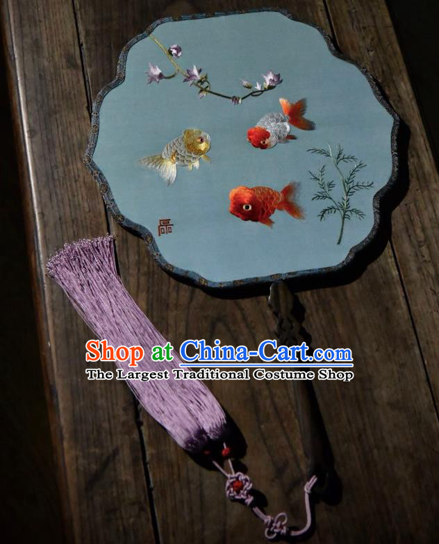 China Handmade Embroidered Goldfish Palace Fan Traditional Blue Silk Fan Ancient Song Dynasty Court Fan