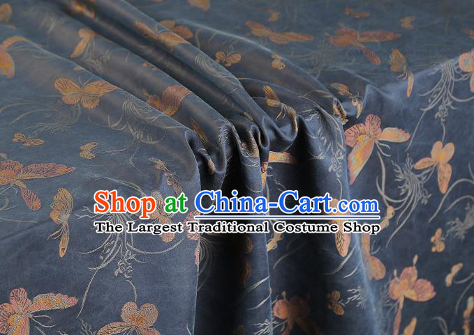 China Traditional Cheongsam Butterfly Orchids Pattern Brocade Fabric Classical Navy Gambiered Guangdong Gauze Drapery