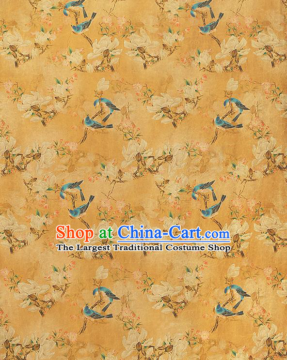 China Traditional Mangnolia Birds Pattern Gambiered Guangdong Gauze Classical Cheongsam Yellow Silk Fabric