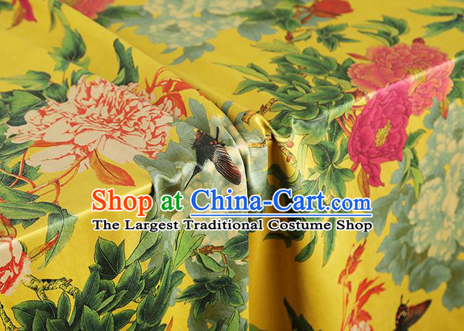 China Classical Peony Pattern Cheongsam Silk Fabric Traditional Yellow Gambiered Guangdong Gauze