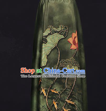 China Traditional Dark Green Brocade Classical Lotus Pattern Qipao Dress Silk Fabric Gambiered Guangdong Gauze