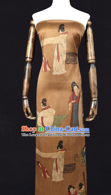 China Traditional Cheongsam Brown Gambiered Guangdong Gauze Classical Tang Dynasty Palace Lady Pattern Silk Fabric