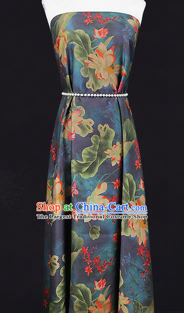 China Classical Lotus Pattern Silk Fabric Traditional Cheongsam Navy Gambiered Guangdong Gauze