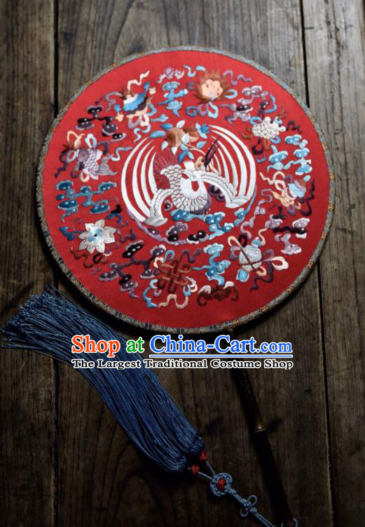 China Handmade Embroidered Crane Palace Fan Ancient Ming Dynasty Circular Fan Traditional Wedding Red Silk Fan