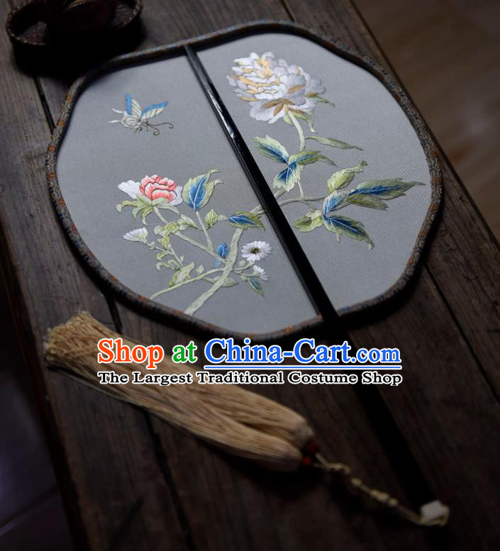 China Traditional Light Grey Silk Fan Handmade Embroidered Butterfly Palace Fan Ancient Song Dynasty Court Fan