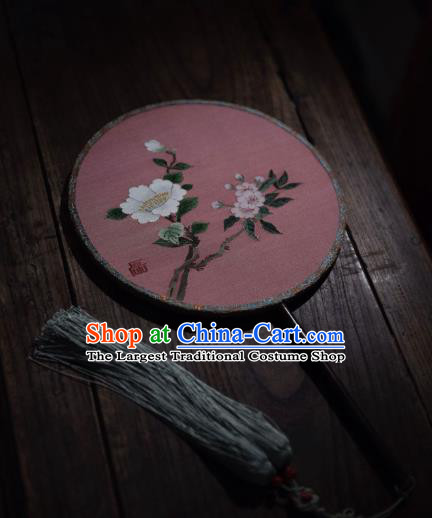 China Ancient Ming Dynasty Circular Fan Traditional Pink Silk Fan Handmade Flowers Pattern Palace Fan