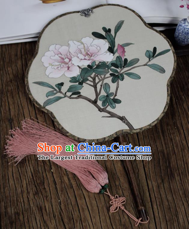 China Traditional Silk Begonia Fan Handmade Azalea Pattern Palace Fan Ancient Princess Court Fan