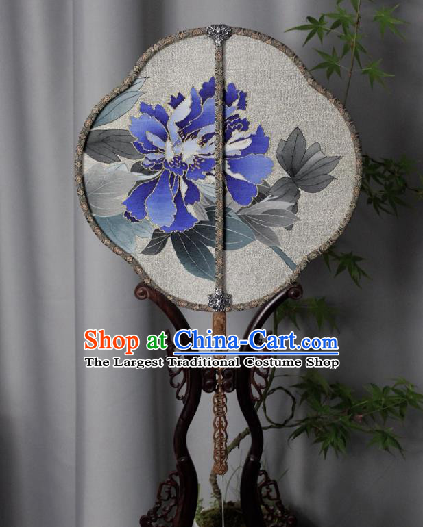 China Handmade Blue Peony Pattern Silk Fan Ancient Song Dynasty Princess Palace Fan Traditional Dance Fan