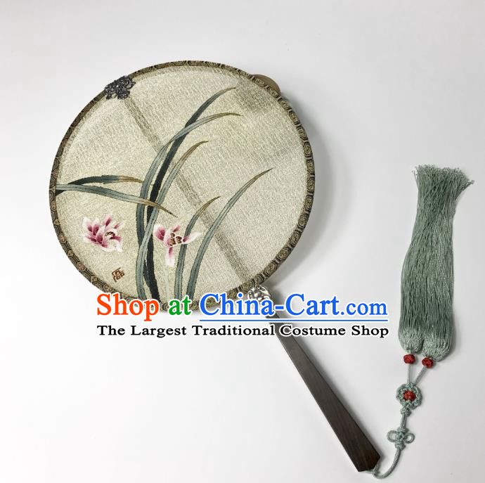 China Ancient Song Dynasty Circular Fan Traditional Orchids Pattern Silk Fan Handmade Beige Palace Fan