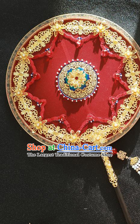 China Wedding Fan Handmade Bride Palace Fan Traditional Xiuhe Suit Red Silk Circular Fan